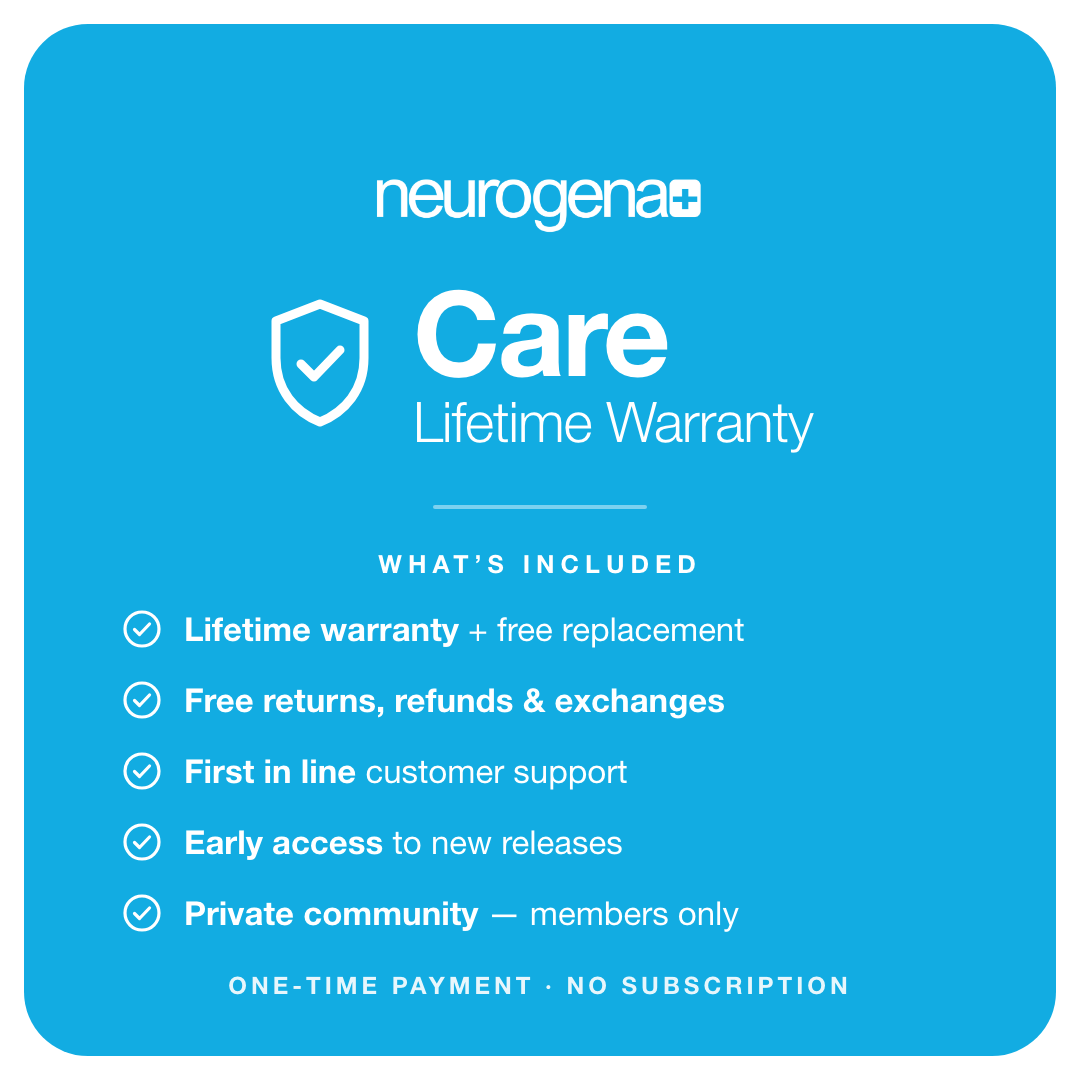 Neurogena+ Care lifetime warranty — free replacement, free returns and exchanges, first in line support, early access, private community. One-time payment, no subscription.