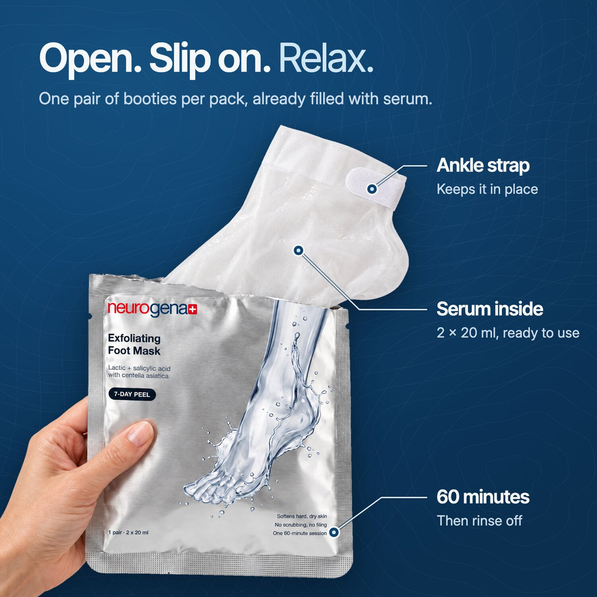 Hand pulling a serum-filled bootie out of the opened sachet