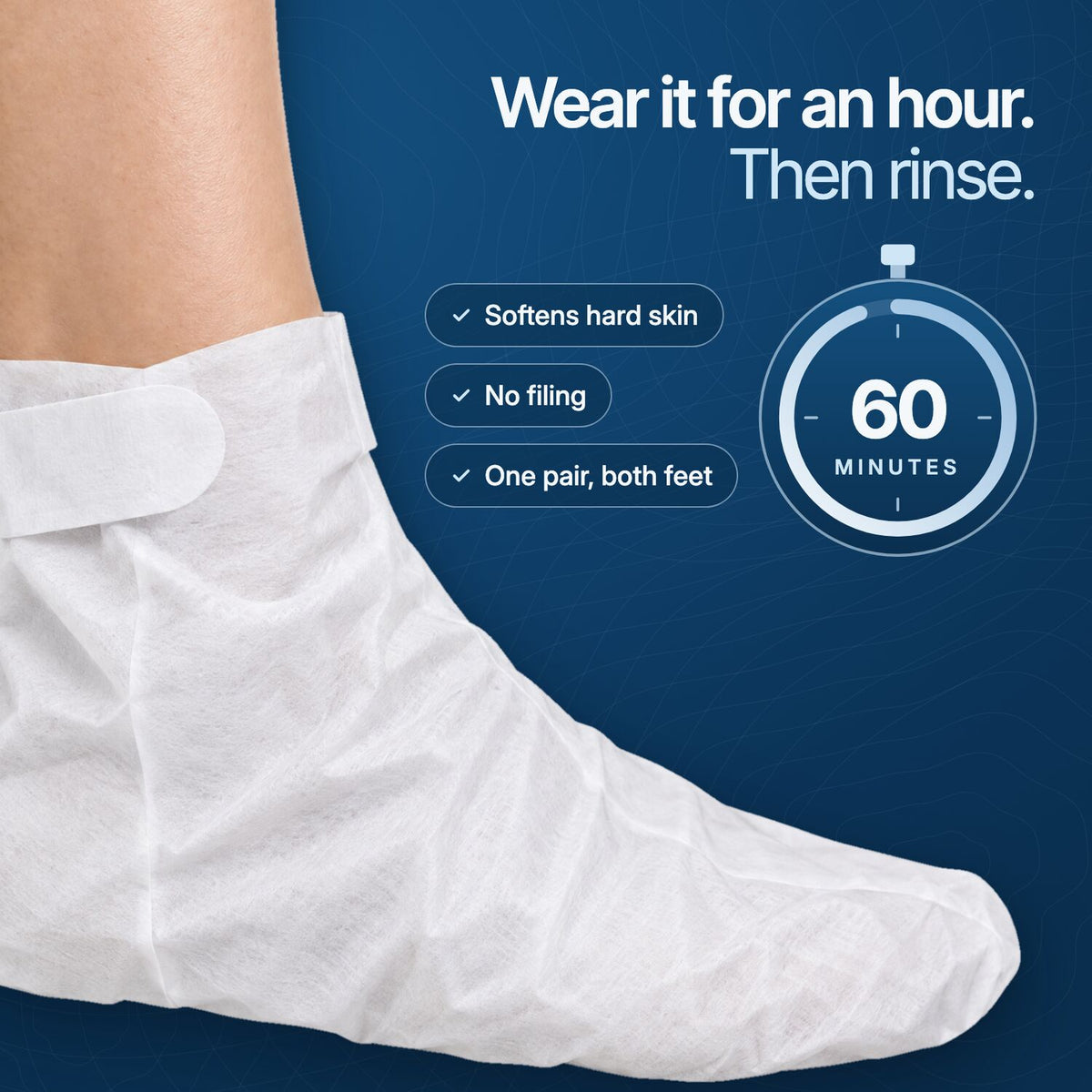 Foot wearing the mask bootie, wear it for 60 minutes then rinse