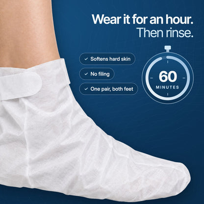Foot wearing the mask bootie, wear it for 60 minutes then rinse