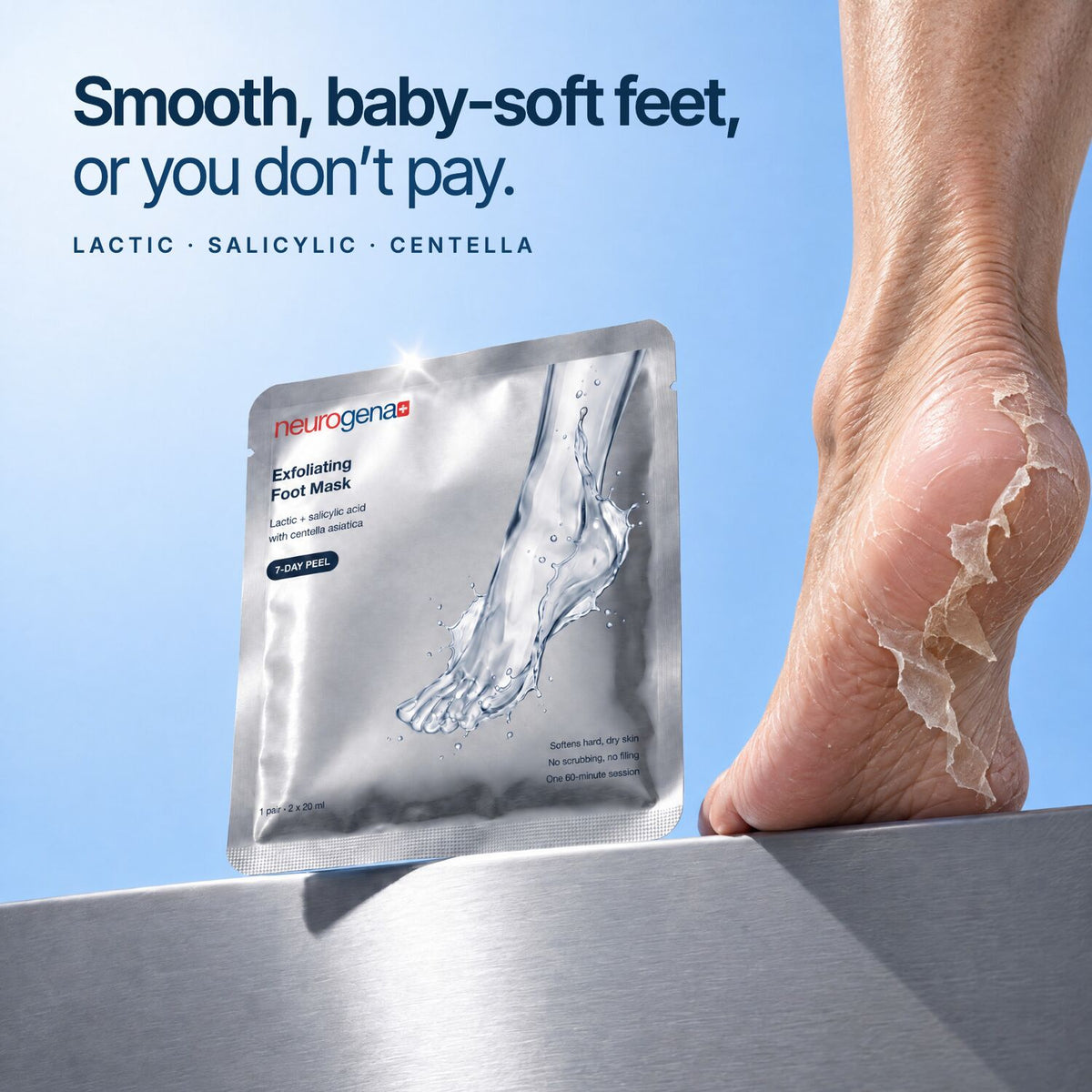 Neurogena Exfoliating Foot Mask sachet on a steel ledge next to a foot with peeling skin on the heel