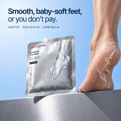 Neurogena Exfoliating Foot Mask sachet on a steel ledge next to a foot with peeling skin on the heel