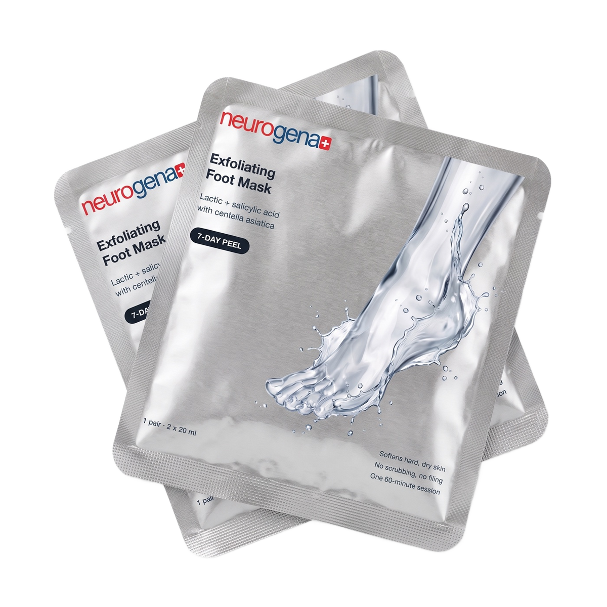 Two Neurogena exfoliating foot mask sachets crossed