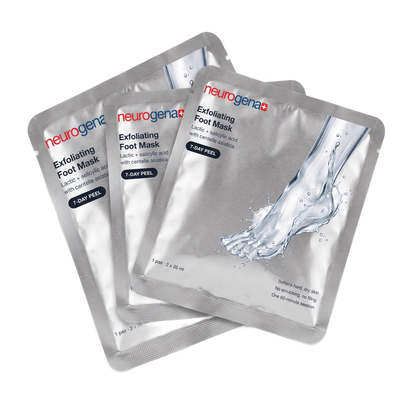 Three Neurogena exfoliating foot mask sachets fanned out