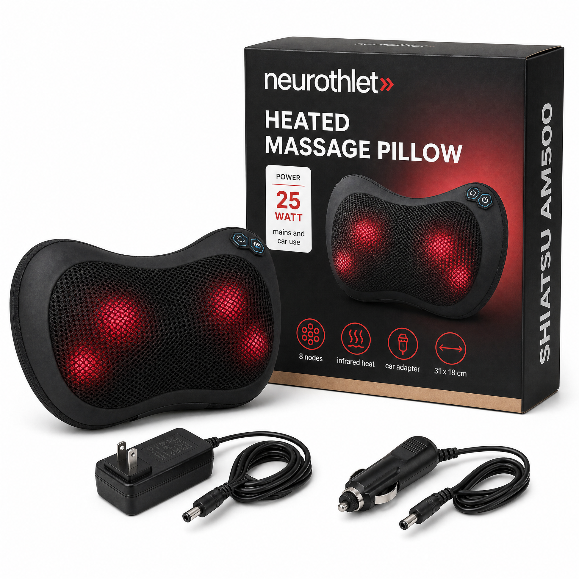 Neurothlet Shiatsu AM500 heated massage pillow with its box, mains and car adapters