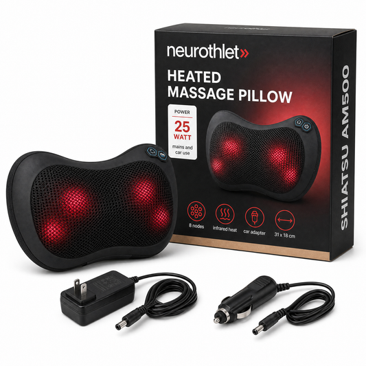 Neurothlet Shiatsu AM500 heated massage pillow with its box, mains and car adapters