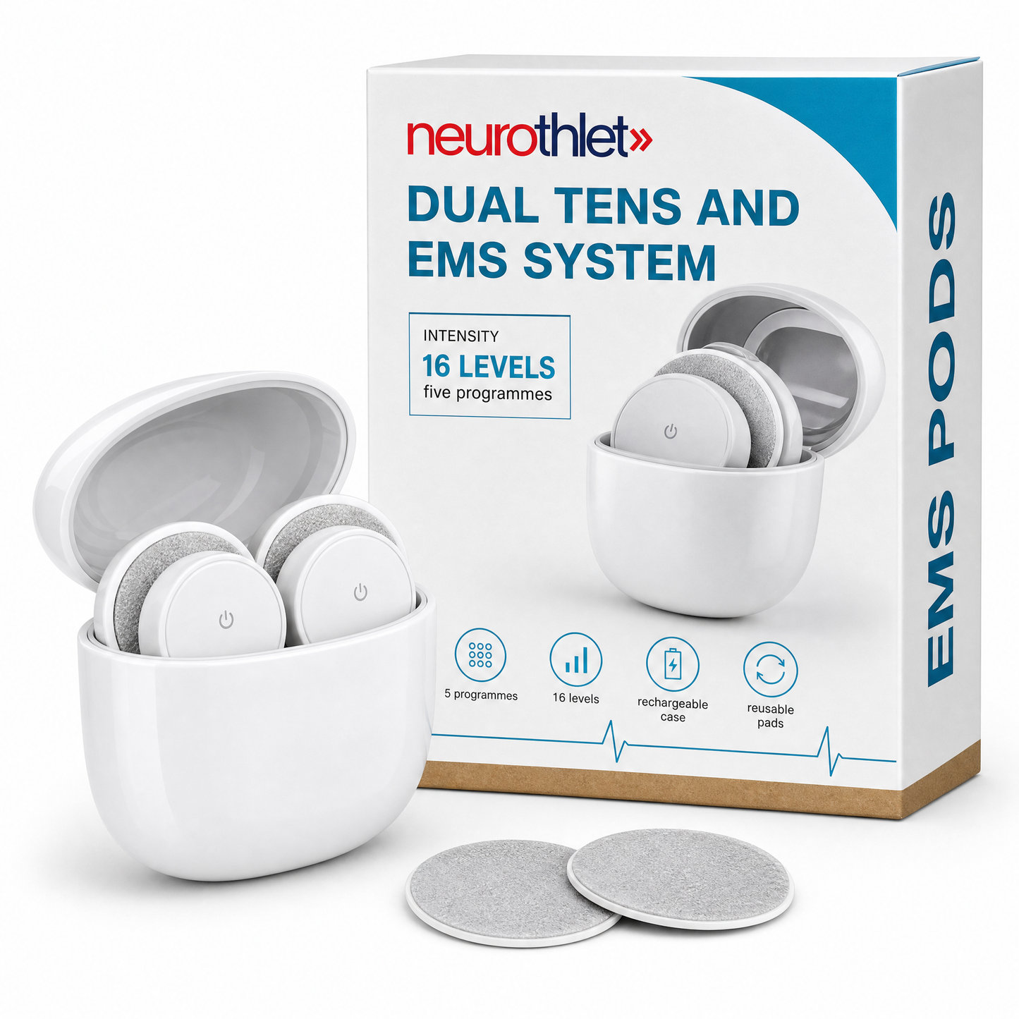 Neurothlet EMS Pods dual TENS and EMS system with its box and spare gel pads
