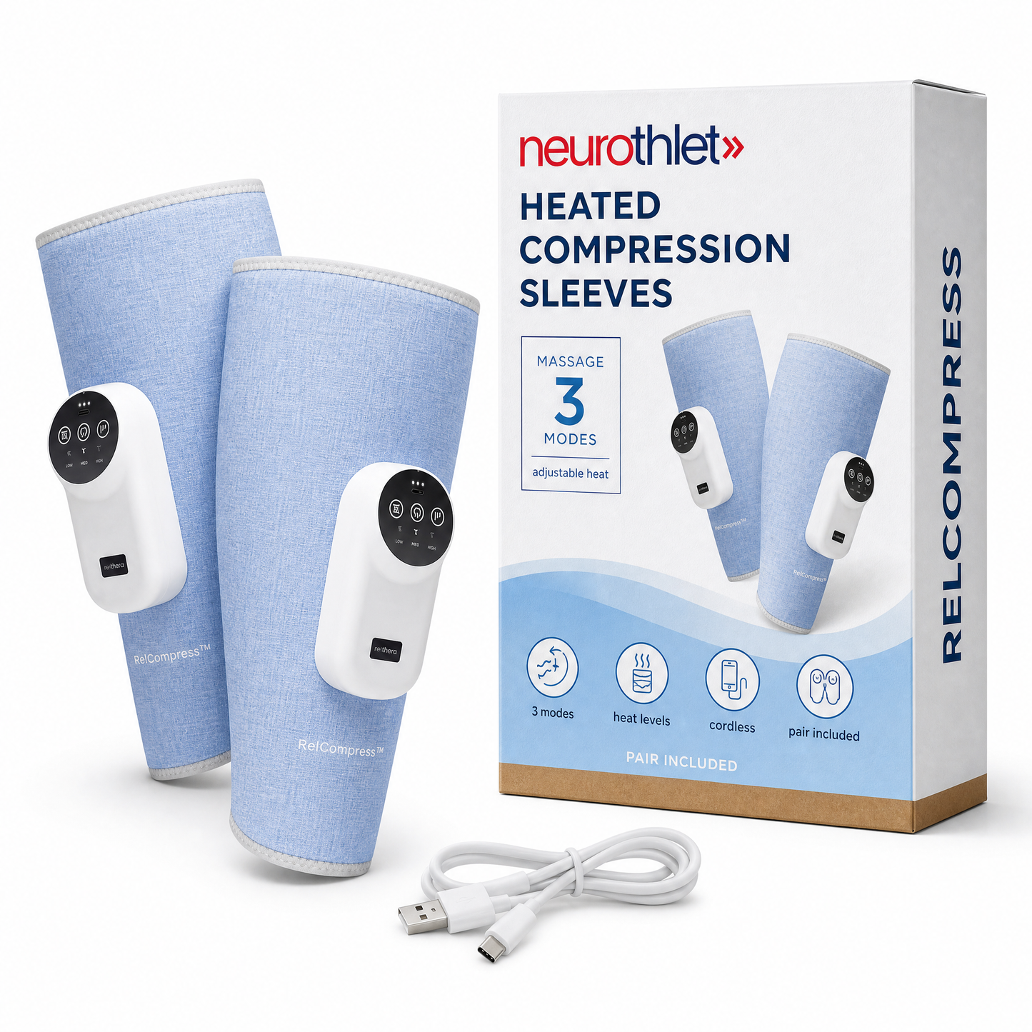Neurothlet RelCompress heated compression calf sleeves with their box and charging cable