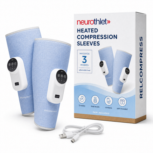 Neurothlet RelCompress heated compression calf sleeves with their box and charging cable