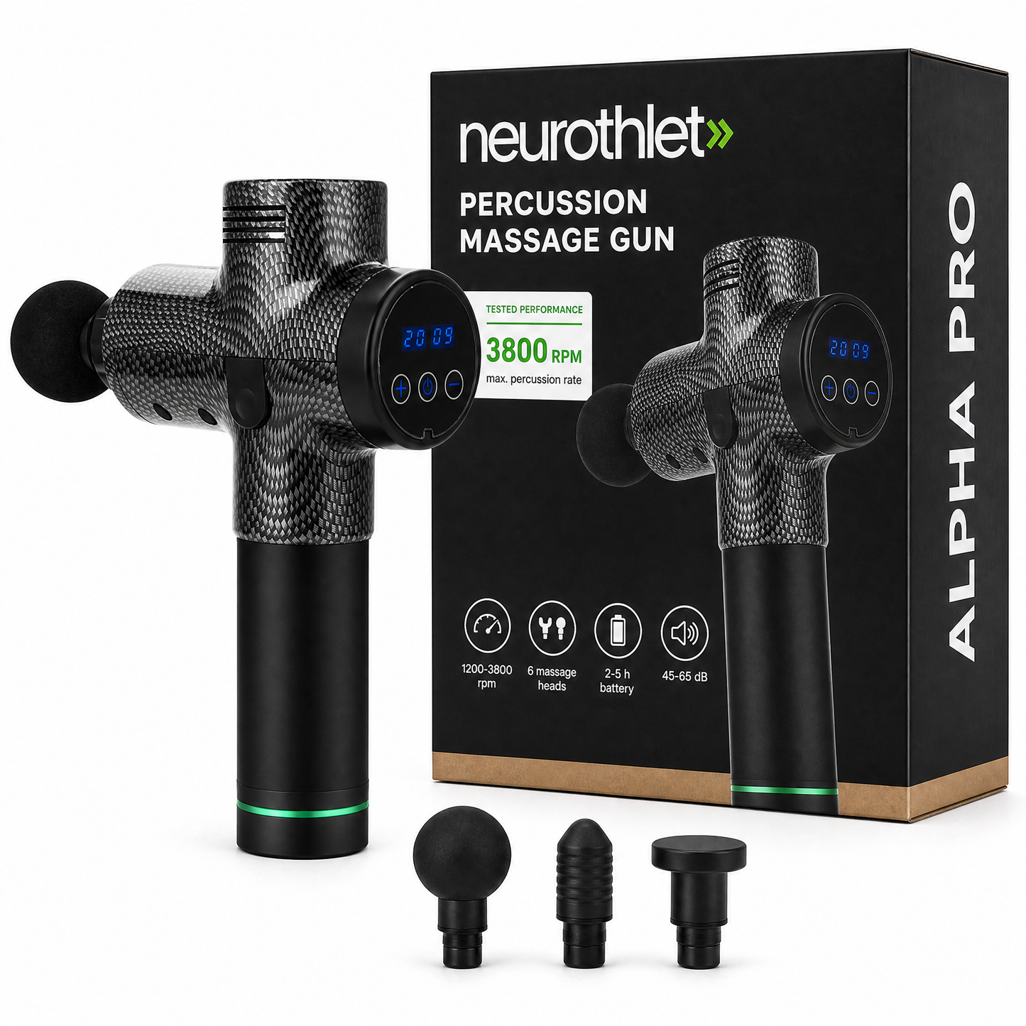 Neurothlet Alpha Pro percussion massage gun with its box and six massage heads