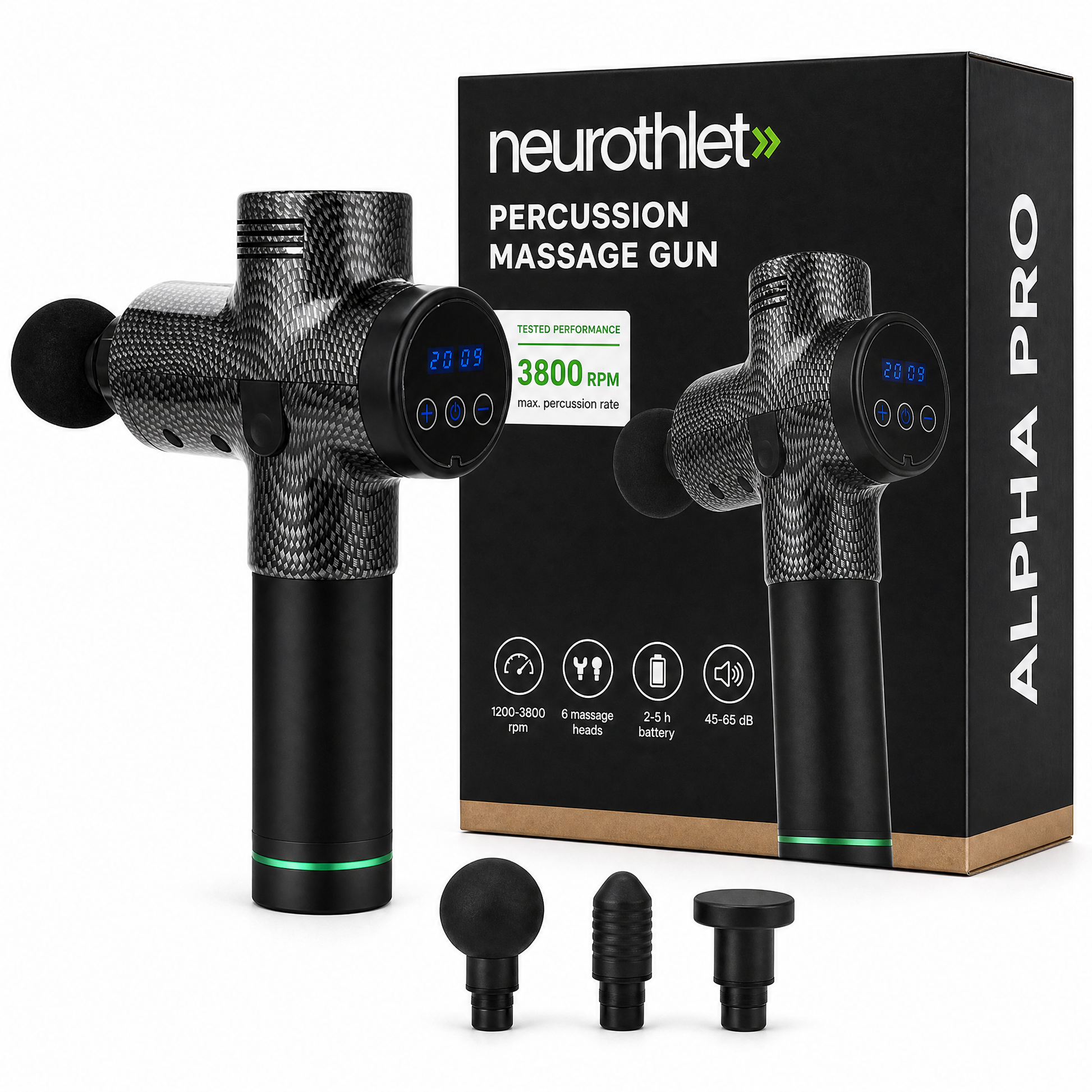 Neurothlet Alpha Pro percussion massage gun with its box and six massage heads