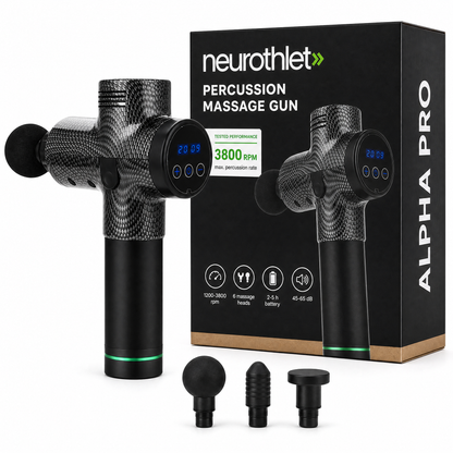 Neurothlet Alpha Pro percussion massage gun with its box and six massage heads