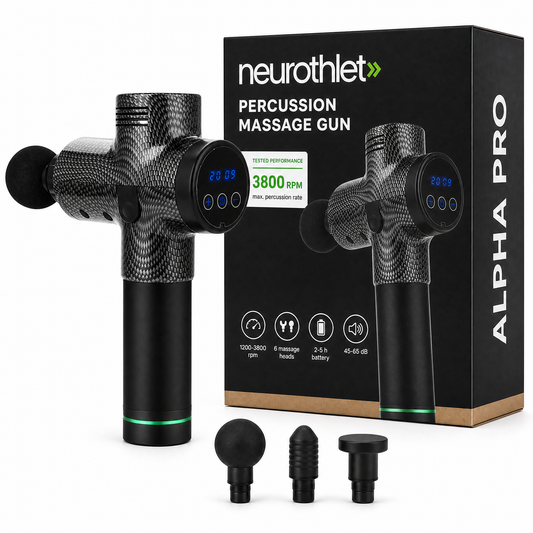 Neurothlet Alpha Pro percussion massage gun with its box and six massage heads