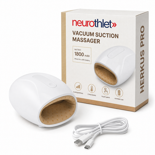 Neurothlet Herkus Pro vacuum suction massager with its box and charging cable