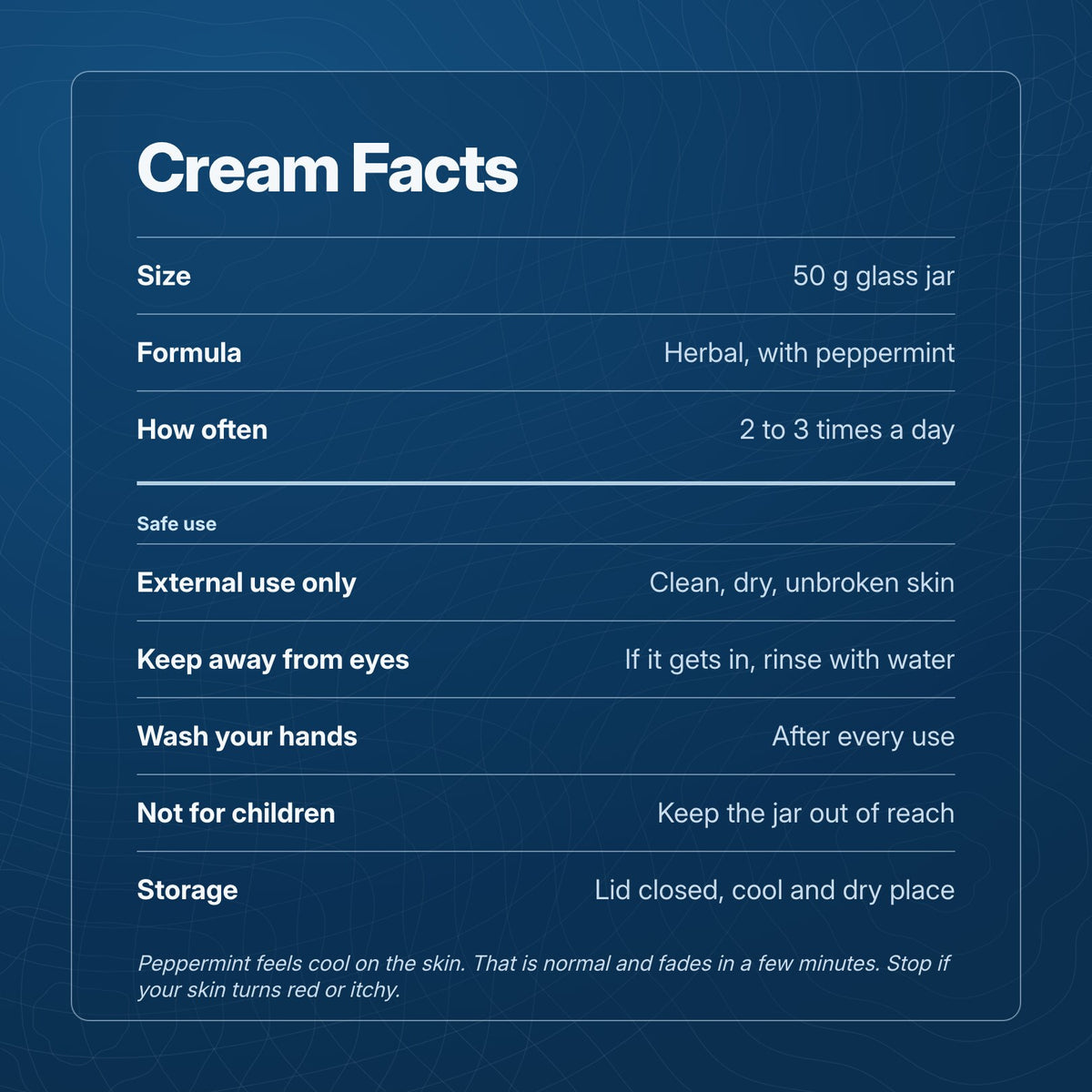 Peppermint Soothing Cream facts and safe use: external use only, keep away from eyes